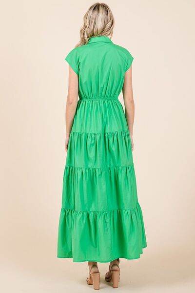 Mittoshop Button Up Collared Tiered Maxi Shirt Dress