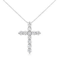 .925 Sterling Silver 1.0 Cttw Prong Set Round-Cut Diamond Cross 18" Pendant Necklace (I-J Color, I2-I3 Clarity)