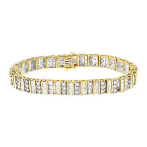 14K Yellow Gold 5.50 Cttw Round and Baguette Diamond Link Bracelet