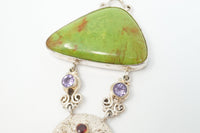 Vintage Turquoise Amethyst Malachite Garnet Sterling Silver Moon Face Pendant