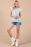 Ces Femme Plaid Notched Ruffled Cap Sleeve Blouse