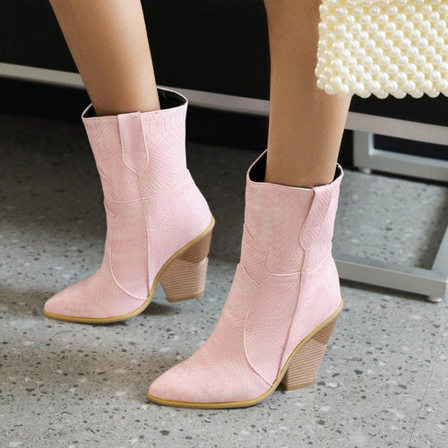 Cowgirl Chic High Heel Ankle Boots - Trendy Denim and Leather Boots for Women