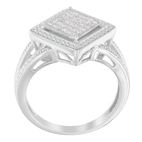 .925 Sterling Silver 1/3 Cttw Invisible Set Princess-Cut Diamond Rhombus and Beaded Halo Ring (H-I Color, SI1-SI2 Clarity) - Ring Size 7