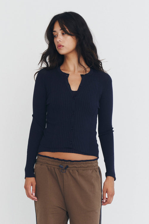 Ribbed Knit Cardigan in Navy