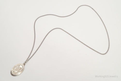 Antique Saint Christopher Protect Us Sterling Silver Pendant on Silver Necklace