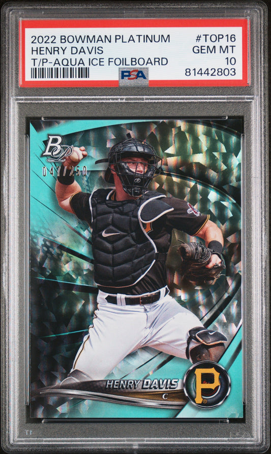 Graded 2022 Topps Bowman Platinum Henry Davis #TOP16 T/P Aqua Ice Foilboard #/250 Rookie RC Baseball Card PSA 10 Gem Mint