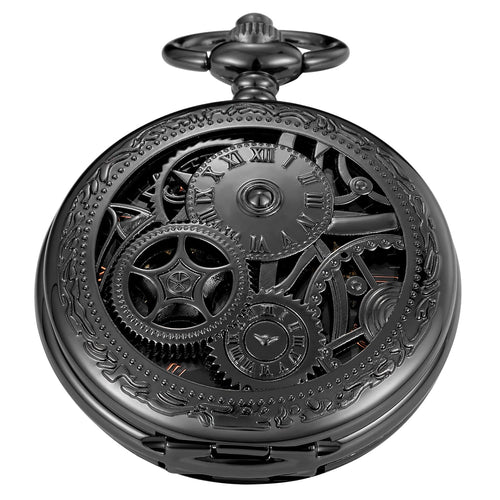 Whodoit Black Gear Double Cover Mens Mechanical Pocket Watch Double Cover Roman Design Dial Chain Mechanical Pocket Watch