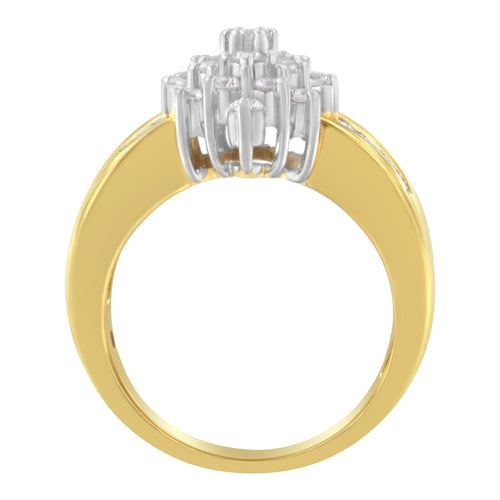 10K Yellow Gold 1.0 Cttw Round & Baguette Cut Diamond Floral Cluster Double-Channel Flared Band Statement Ring (H-I Color, SI2-I1 Clarity) - Size 6-1/2