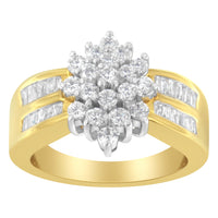 10K Yellow Gold 1.0 Cttw Round & Baguette Cut Diamond Floral Cluster Double-Channel Flared Band Statement Ring (H-I Color, SI2-I1 Clarity) - Size 6-1/2