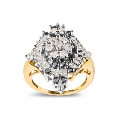 10K Yellow Gold 1 Cttw Round and Baguette cut Diamond Cluster and Rhombus Halo Ring (H-I Color, I1-I2 Clarity) - Ring Size 7