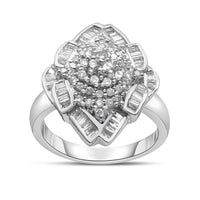 14K White Gold 7/8 Cttw Round and Baguette-Cut Diamond Cluster Ring (H-I Color, SI2-I1 Clarity) - Size 7