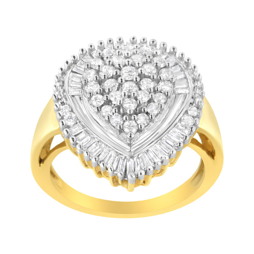 10K Yellow Gold 1.0 Cttw Round and Baguette Cut Diamond Oval Shaped Cluster Ring (I-J Color, I1-I2 Clarity) - Size 7
