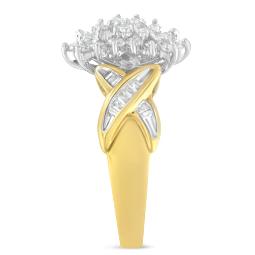10K Two-Toned Gold Round Baguette Diamond Cluster Ring (1/2 Cttw, I-J Color, I2-I3 Clarity) - Size 6-1/2