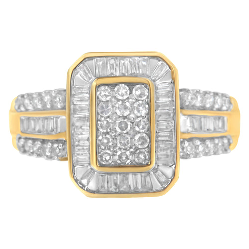 10K Yellow Gold Round and Baguette-Cut Diamond Cluster Ring (1.0 Cttw, I-J Color, SI1-SI2 Clarity) - Size 7