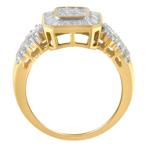 10K Yellow Gold Round and Baguette-Cut Diamond Cluster Ring (1.0 Cttw, I-J Color, SI1-SI2 Clarity) - Size 7