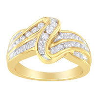 10K Yellow Gold 3/4 Cttw Channel Set Round and Baguette-cut Diamond Double Shank Bypass Ring (J-K Color, I1-I2 Clarity) - Size 6.75