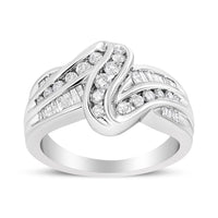 10K White Gold Ring 3/4 Cttw Round and Baguette-Cut Diamond Bypass Ring (H-I Color, I2-I3 Clarity) - Size 6