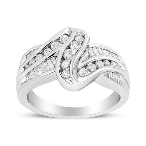 10K White Gold Ring 3/4 Cttw Round and Baguette-Cut Diamond Bypass Ring (H-I Color, I2-I3 Clarity) - Size 6