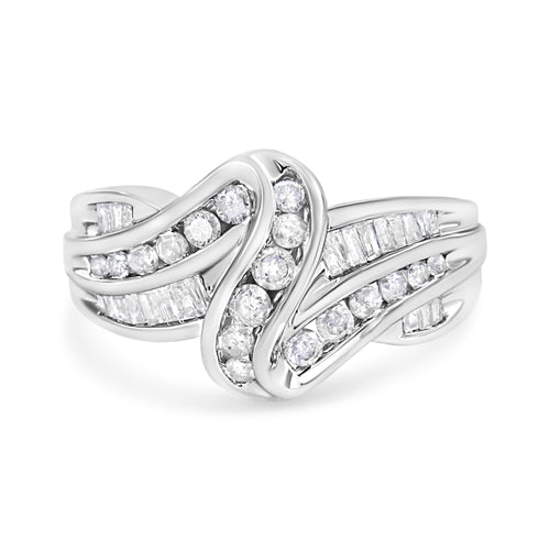 10K White Gold Ring 3/4 Cttw Round and Baguette-Cut Diamond Bypass Ring (H-I Color, I2-I3 Clarity) - Size 6