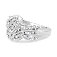 10K White Gold Ring 3/4 Cttw Round and Baguette-Cut Diamond Bypass Ring (H-I Color, I2-I3 Clarity) - Size 6