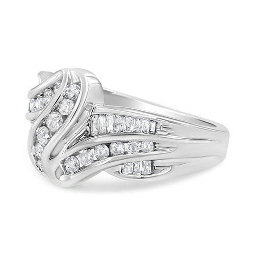 10K White Gold Ring 3/4 Cttw Round and Baguette-Cut Diamond Bypass Ring (H-I Color, I2-I3 Clarity) - Size 6