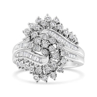 10K White Gold 1/2 Cttw Round and Baguette-Cut "S" Shaped Bypass Cocktail Ring (I-J Color, I1-I2 Clarity) - Size 7