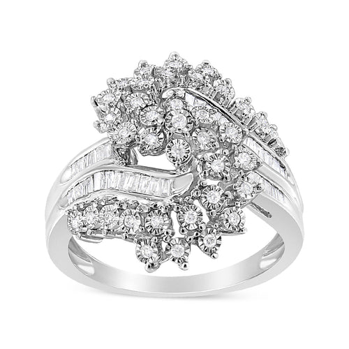 10K White Gold 1/2 Cttw Round and Baguette-Cut "S" Shaped Bypass Cocktail Ring (I-J Color, I1-I2 Clarity) - Size 7