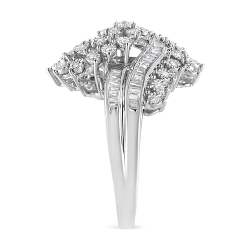 10K White Gold 1/2 Cttw Round and Baguette-Cut "S" Shaped Bypass Cocktail Ring (I-J Color, I1-I2 Clarity) - Size 7