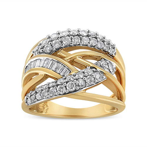 10K Yellow and White Gold 1.0 Cttw Round and Baguette-Cut Diamond Multirow Interwoven Cocktail Ring (I-J Color, I2-I3 Quality) - Size 7