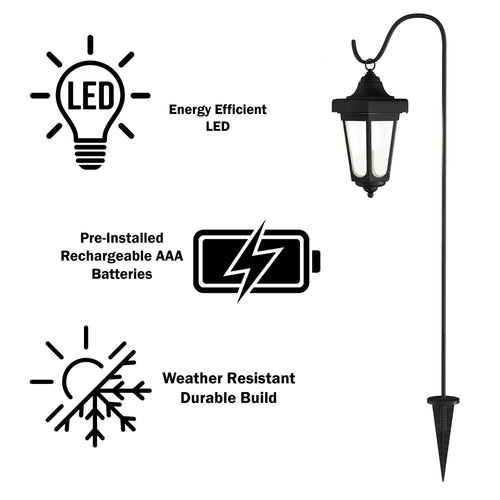 Solar-Powered Outdoor Lights - Set of 2 Weather Resistant Black Hanging Coach Lantern LED Lights with Shepherd Hooks for Mounting by Pure Garden EasyOptionXY LLC