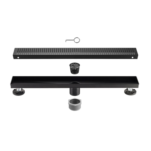 36" Linear Shower Drain, Square Hole Pattern Shower Drain, Matte Black Polished 304 Stainless Steel Linear Drain with Levelingft & Hair Strainer