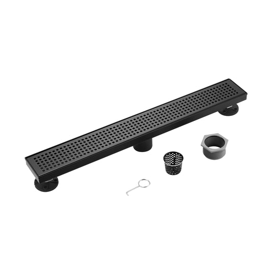 24" Linear Shower Drain, Square Hole Pattern Shower Drain, Matte Black Polished 304 Stainless Steel Linear Drain with Levelingft & Hair Strainer
