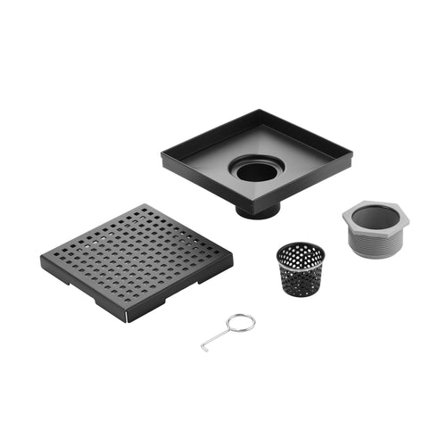 6" Square Shower Drain, Square Hole Pattern Shower Drain, Matte Black Polished 304 Stainless Steel Linear Drain with Levelingft & Hair Strainer