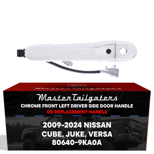 Exterior Door Handle Chrome Replacement for Nissan Cube (09-14), Juke (11-17), Versa (12-24) OE Part # 80640-9KA0A | Front Left Driver Side w/ Keyhole Cover