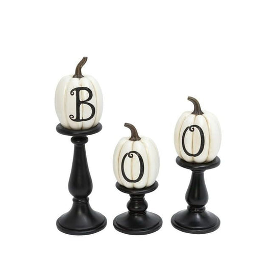 Gerson Set of three resin/stone lettered white pumpkins on candleholders, large is 17.52-in EasyOptionXY LLC