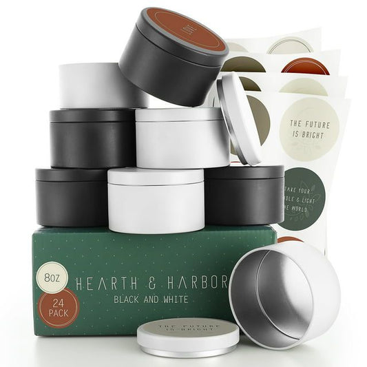 Hearth & Harbor 8 Oz, 24 Pack Black and White DIY Candle Containers with Lids - Tin Candle Jars for Making Candles - Metal Candle Jars - Bulk Tins Storage for Candle - Solid EasyOptionXY LLC