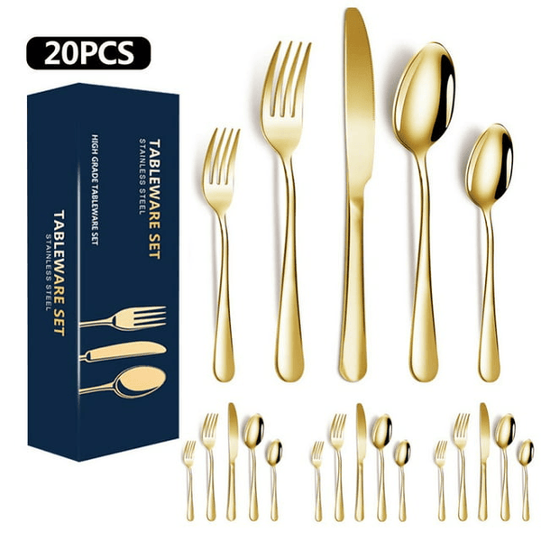 Golden Silverware Set 20 Pieces Stainless Steel Flatware Set, Kitchen Utensil Set Service for 5, Tableware Cutlery Set for Home & Restaurant, Dishwasher Safe EasyOptionXY LLC