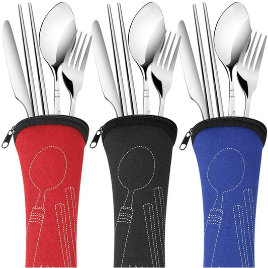 Arroyner 3 Pack Portable Travel Flatware Set, Reusable Silverware Knife Fork Spoon Chopsticks Utensils, Stainless Steel Camping Cutlery for School Outdoor Picnic EasyOptionXY LLC