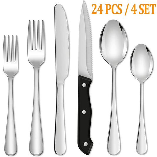 24 Piece Silverware Set with Steak Knives, Stainless Steel Flatware Set, Cutlery Set Service for 4, Mirror Polished Utensils Set, Forks and Spoons Silverware Set, Dishwasher Safe EasyOptionXY LLC