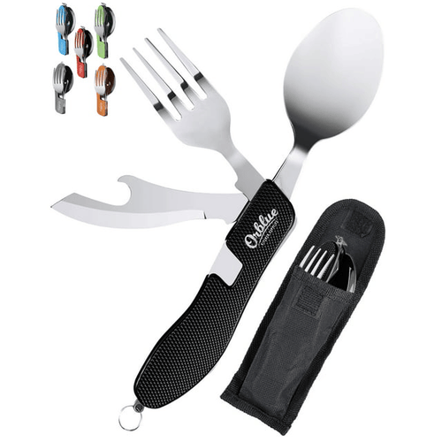 Orblue 4-in-1 Camping Utensils, 2-Pack, Portable Stainless Steel Spoon, Fork, Knife & Bottle Opener Combo Set - Travel, Backpacking Cutlery Multitool, Black EasyOptionXY LLC