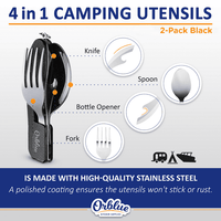 Orblue 4-in-1 Camping Utensils, 2-Pack, Portable Stainless Steel Spoon, Fork, Knife & Bottle Opener Combo Set - Travel, Backpacking Cutlery Multitool, Black EasyOptionXY LLC