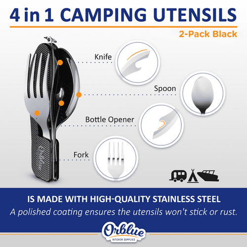 Orblue 4-in-1 Camping Utensils, 2-Pack, Portable Stainless Steel Spoon, Fork, Knife & Bottle Opener Combo Set - Travel, Backpacking Cutlery Multitool, Black EasyOptionXY LLC