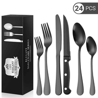 24 Piece Flatware Set for 4, TINANA Stainless Steel Flatware Set, Mirror Polished Cutlery Utensil Set, Durable Home Kitchen Eating Tableware Set, Fork Knife Spoon Set,Dishwasher Safe-Black EasyOptionXY LLC