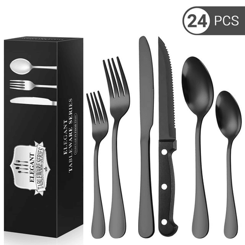 24 Piece Flatware Set for 4, TINANA Stainless Steel Flatware Set, Mirror Polished Cutlery Utensil Set, Durable Home Kitchen Eating Tableware Set, Fork Knife Spoon Set,Dishwasher Safe-Black EasyOptionXY LLC