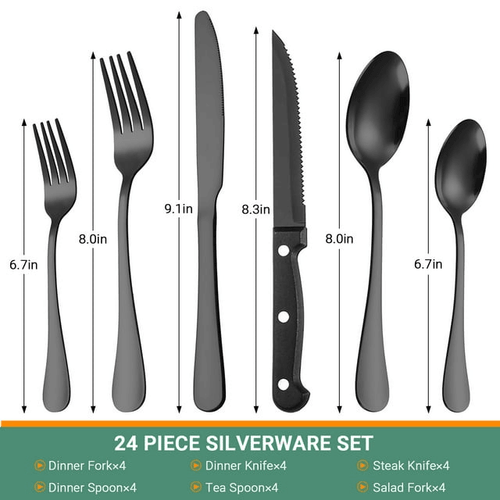 24 Piece Flatware Set for 4, TINANA Stainless Steel Flatware Set, Mirror Polished Cutlery Utensil Set, Durable Home Kitchen Eating Tableware Set, Fork Knife Spoon Set,Dishwasher Safe-Black EasyOptionXY LLC