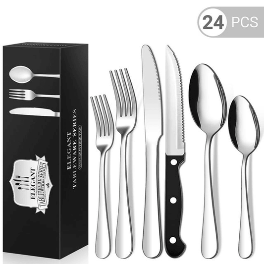 24 Piece Flatware Set for 4, TINANA Stainless Steel Flatware Set, Mirror Polished Cutlery Utensil Set, Durable Home Kitchen Eating Tableware Set, Fork Knife Spoon Set,Dishwasher Safe-Silver EasyOptionXY LLC