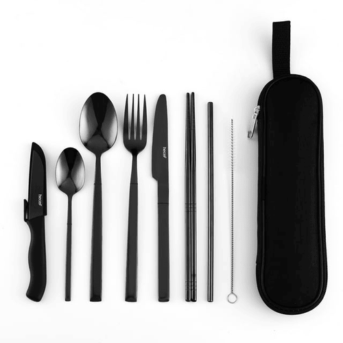 Hecef Portable Travel Cutlery Set, 9 Pcs Black Titanium Plating Reusable Stainless Steel Camping Utensils EasyOptionXY LLC