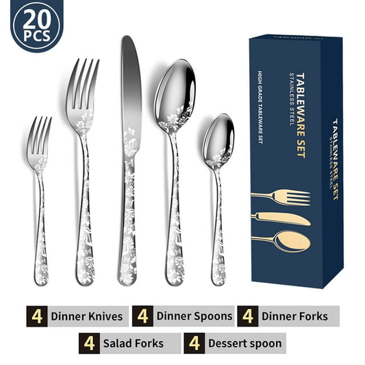 20PCS Silverware Set, Stainless Steel Flatware Set 4 Knives 4 Forks 4 Spoons 4 Tea Forks 4 Teaspoons with Beautiful Flower Pattern for Kitchen Restaurant Party Sliver EasyOptionXY LLC