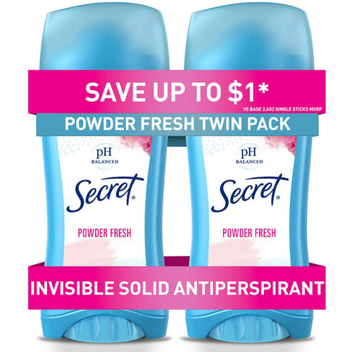 Secret Invisible Solid Antiperspirant And Deodorant, Powder Fresh, Twin Pack, 2.6 Oz. Each