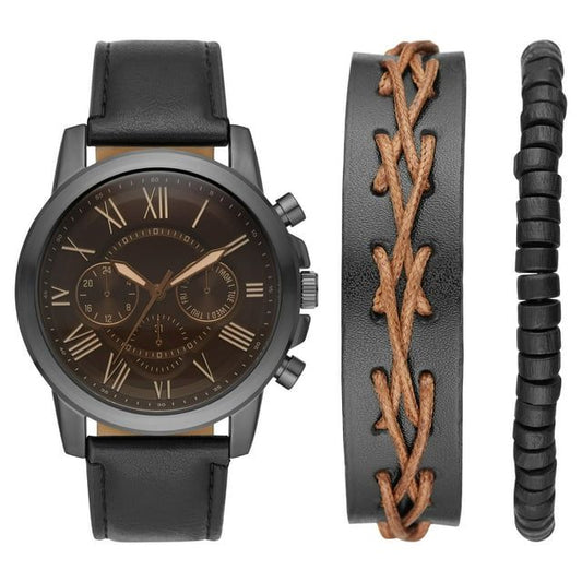 George Mens 3PC Watch Set: Gunmetal Case and Dial, Black Band and 2 Bracelet Accessories (FMDXGE029) EasyOptionXY LLC